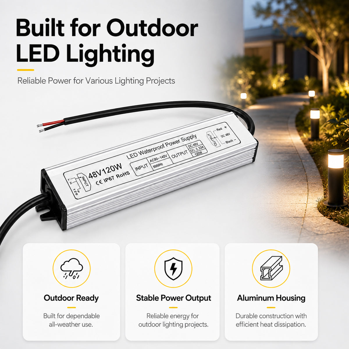 120W 36V/48V Waterproof LED Power Supply, 175-265V Input, Single Output, Aluminum Housing, Outdoor LED Lighting Driver, CE/RoHS/FCC Certified, UK/EU Plug