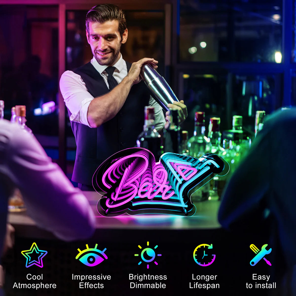 Bar LED Sign – Multi-Color Glow | 15 × 9.2 inch | USB Powered | Hanging | Ideal for Bar, Pub, Lounge, Nightclub, Party Mood Lighting
