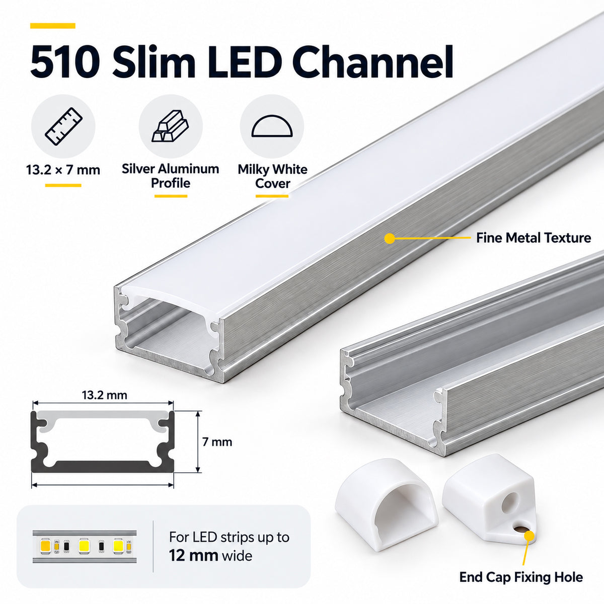 Silver 510-B 13.2 × 7mm LED Aluminum Channel, 12mm Inner Width, with Milky White Cover & Installation Accessories