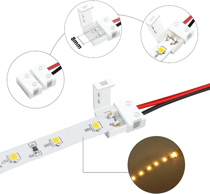 LightingWill LED Strip Connector 8mm 2Pin Solderless Clips, LED Light Strip Connector Strip to Wire Strip to Strip DC Adapter L T Connectors, Local Stock US UK