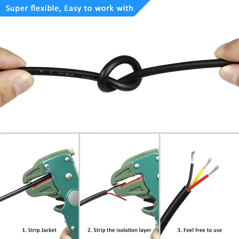20 AWG Electrical Cable, Stranded Tinned Copper Wire, 2/3/4/5 Conductor, Black/White PVC Sheathed Flexible Extension Cord for DIY Wiring — 3m–50m (10ft–165ft) Options