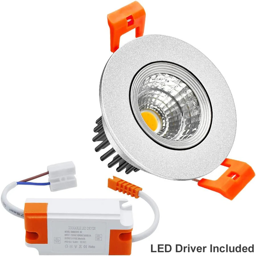 ECO-2 Series Adjustable COB LED Recessed Downlight – Silver Housing – TRIAC Dimmable – 3W – 4-Pack/10-Pack – 3000K–6000K – 100–130V