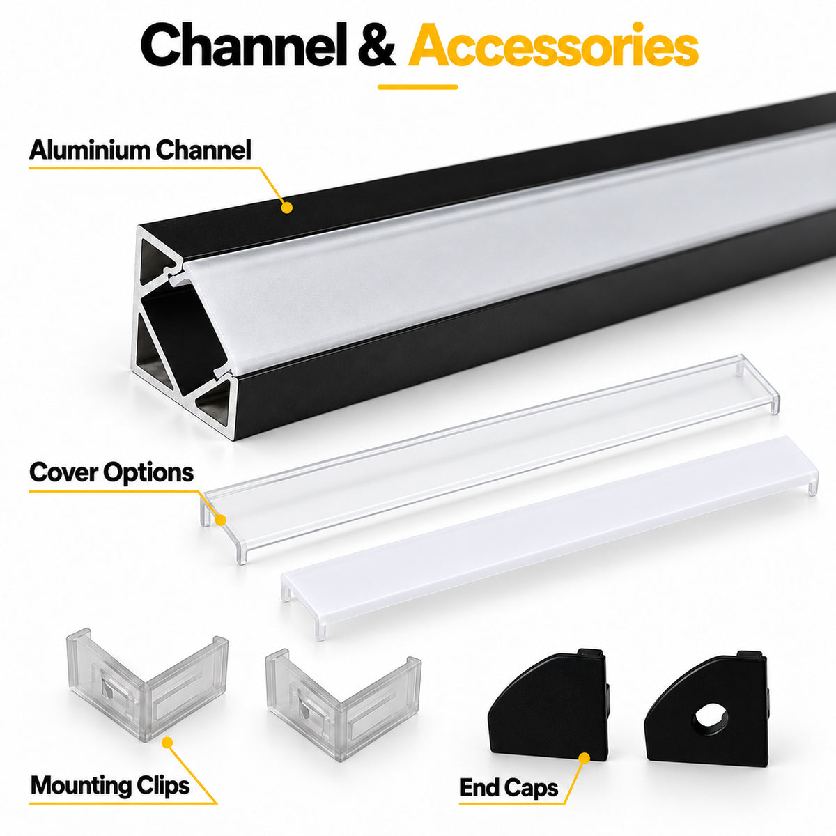 Black V03 18x18mm V-Shape Corner-Mount LED Aluminum Channel, 12mm Inner Width, with Cover, End Caps & Mounting Clips