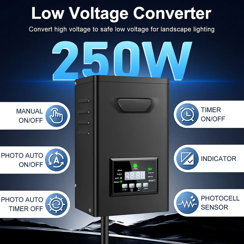 200W/250W Landscape Lighting Transformers – 120V to 12V/15V AC, Single Zone, Timer & Internal Photocell, Power Supply for Landscape Lighting Systems