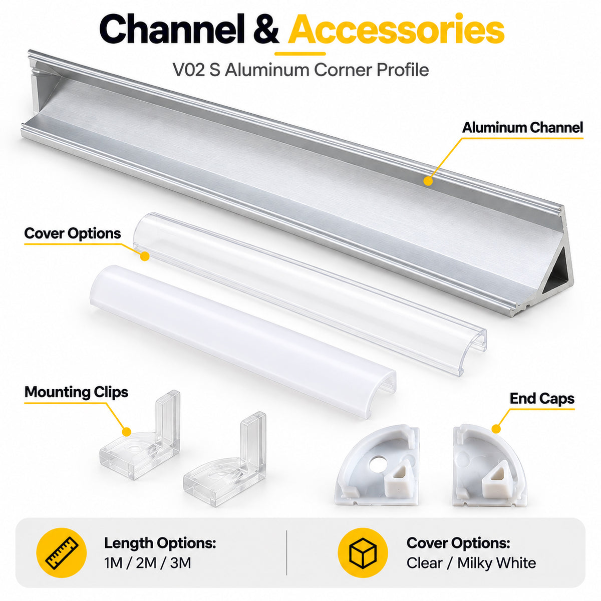 Silver V02 16x16mm V-Shape Corner-Mount LED Aluminum Channel, 12mm Inner Width, with Cover, End Caps & Mounting Clips
