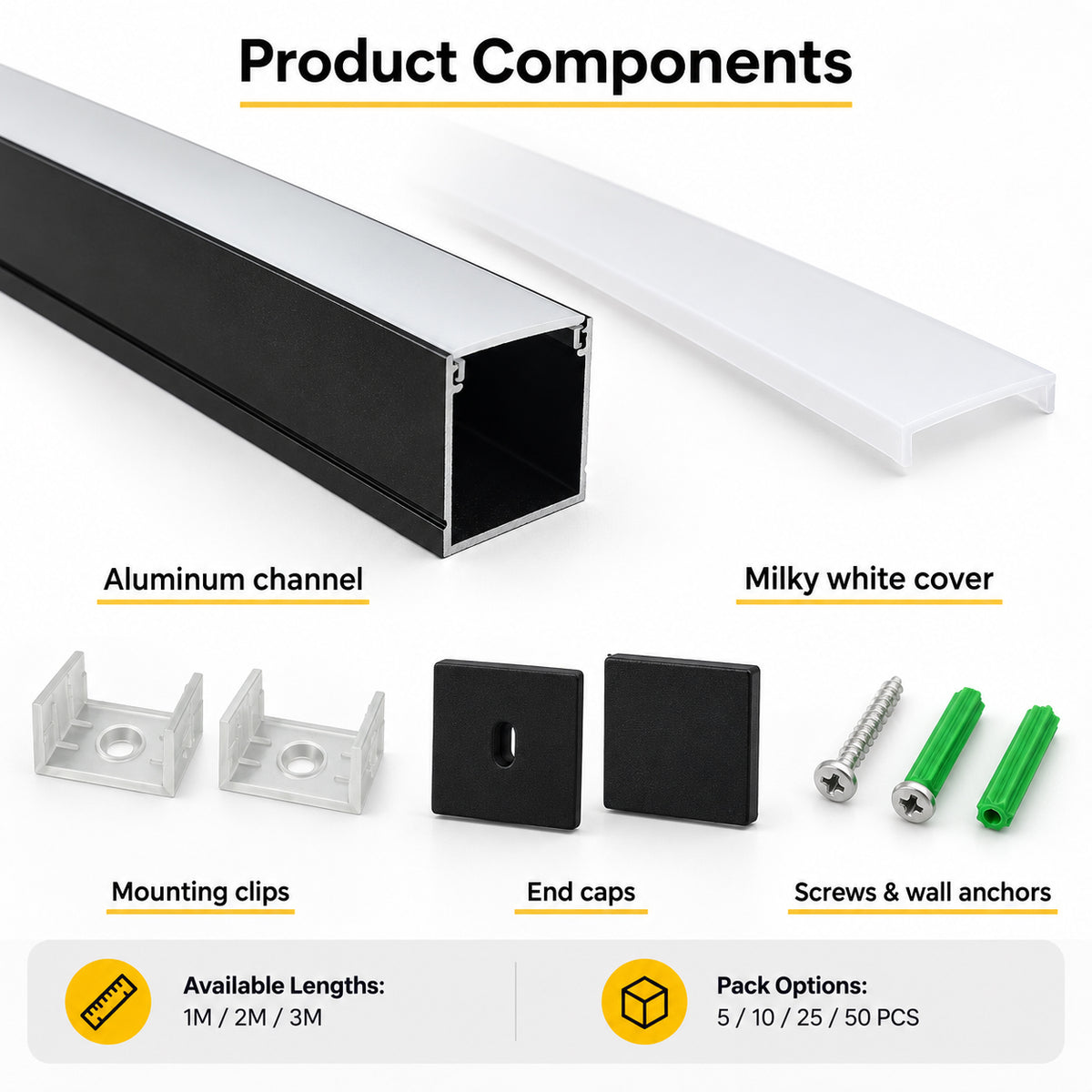 Black U06 24x24mm U Shape LED Aluminum Channel, 20mm Inner Width, with Cover, End Caps and Mounting Clips for LED Strip Light Spot Free Installations