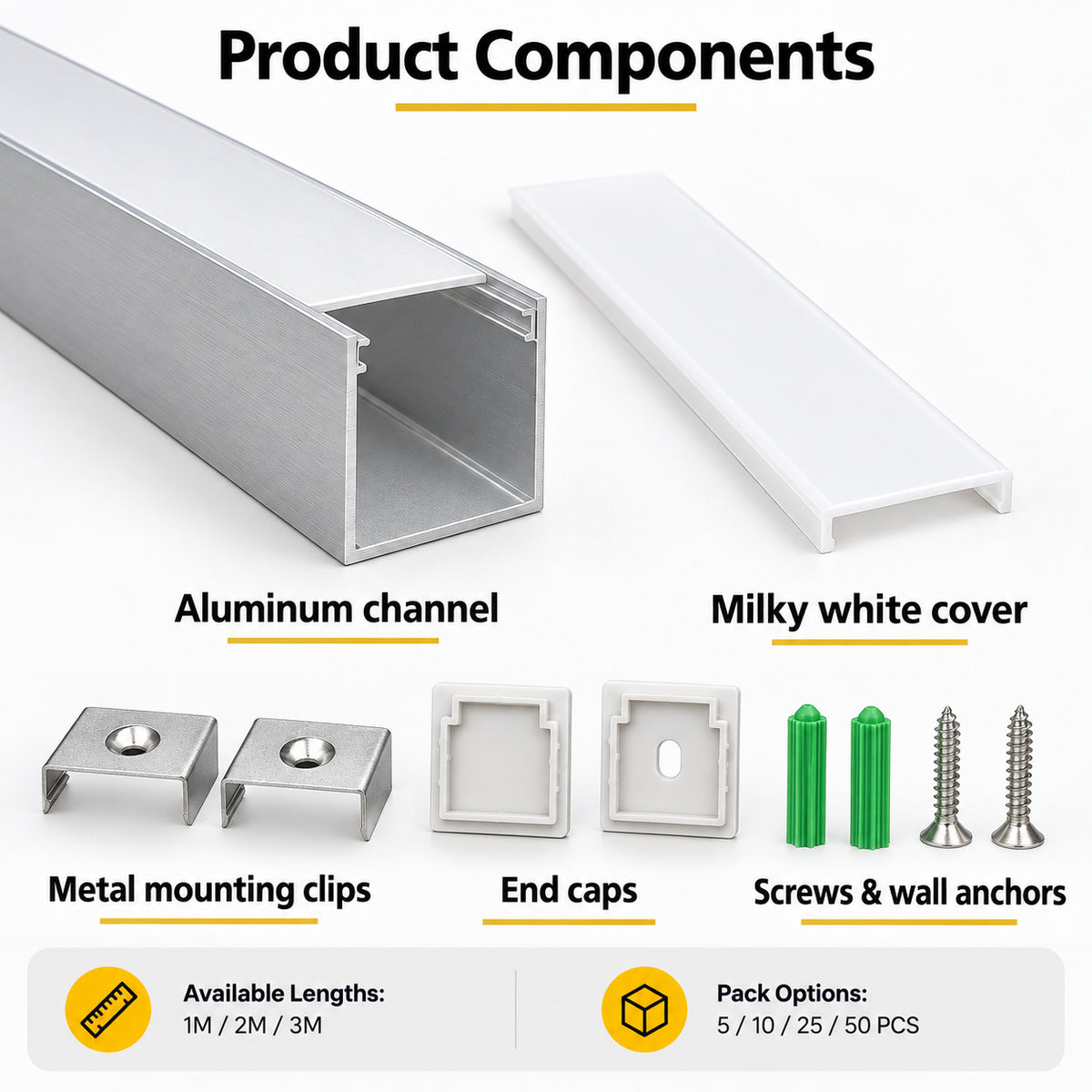 Silver U06 24x24mm U-Shape LED Aluminum Channel, 20mm Inner Width, with Cover, End Caps & Mounting Clips for Spot-Free LED Strip Lighting