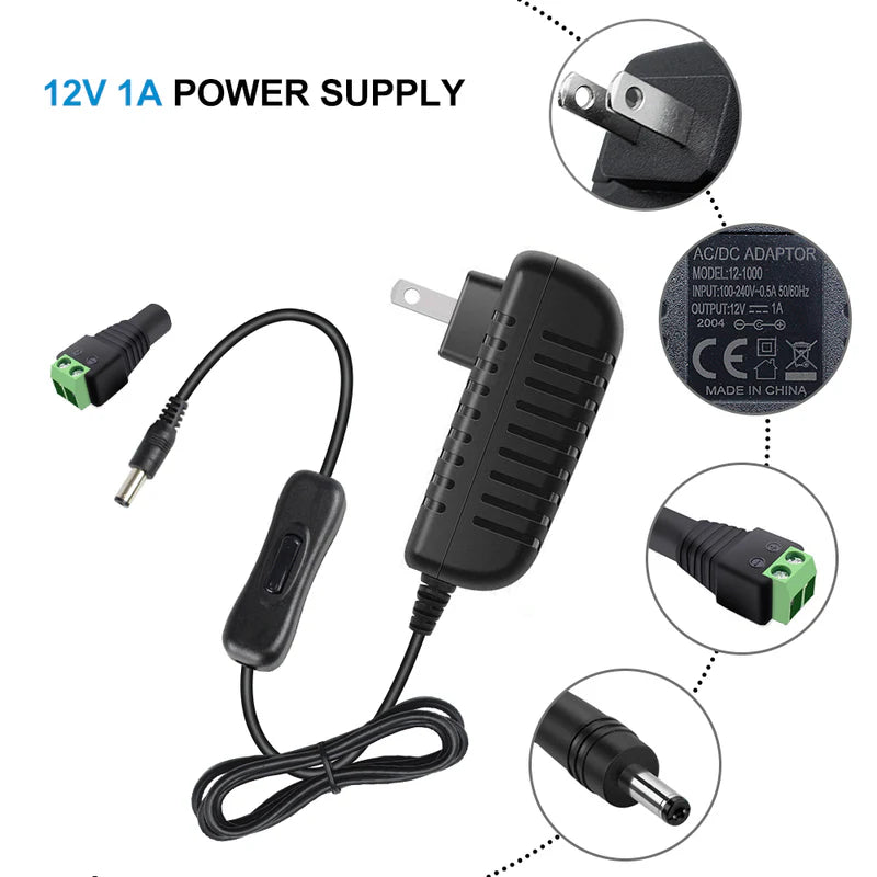 Power Supply Adapter DC 12V with On/Off Switch, 12W–36W Options, AC 100–240V Wall Plug Charger with US Plug, Black/White Housing for LED Strip Lights, Electronics