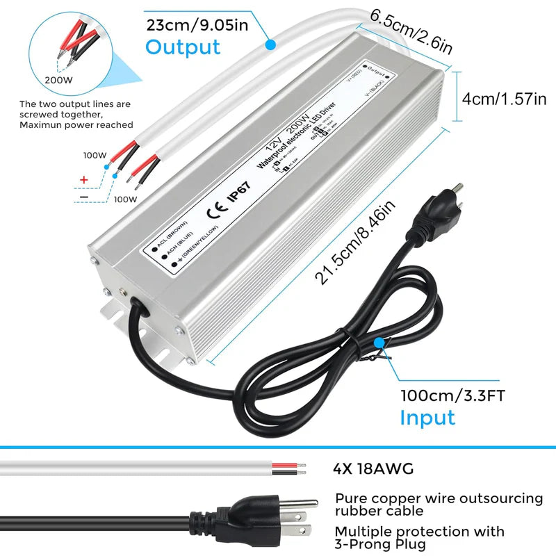 12V Waterproof LED Transformer, 200W–500W Outdoor LED Driver, 90–140V AC Input, Single or Dual Wire Output, CE/RoHS/FCC Certified, US Plug & Wire Lead Options