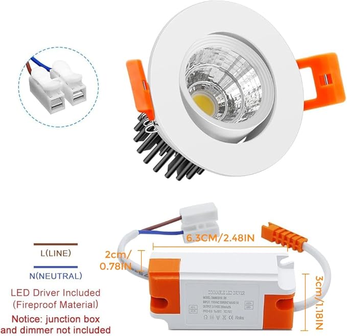 2Inch LED Recessed Ceiling Light, 3W Dimmable LED Downlight, Natural White 4000K, 60 Beam Angle COB Recessed Lights with Driver, 25W Halogen Bulbs Equivalent for Ceiling Lighting, White 10 Pack