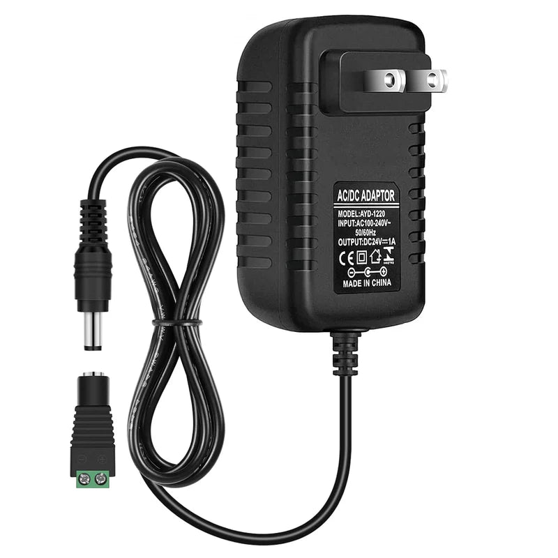 Power Adapter DC 24V 24W, AC 100–240V to 24V Wall Plug Switching Power Supply with US Plug, Black Case for LED Lighting and Electronics
