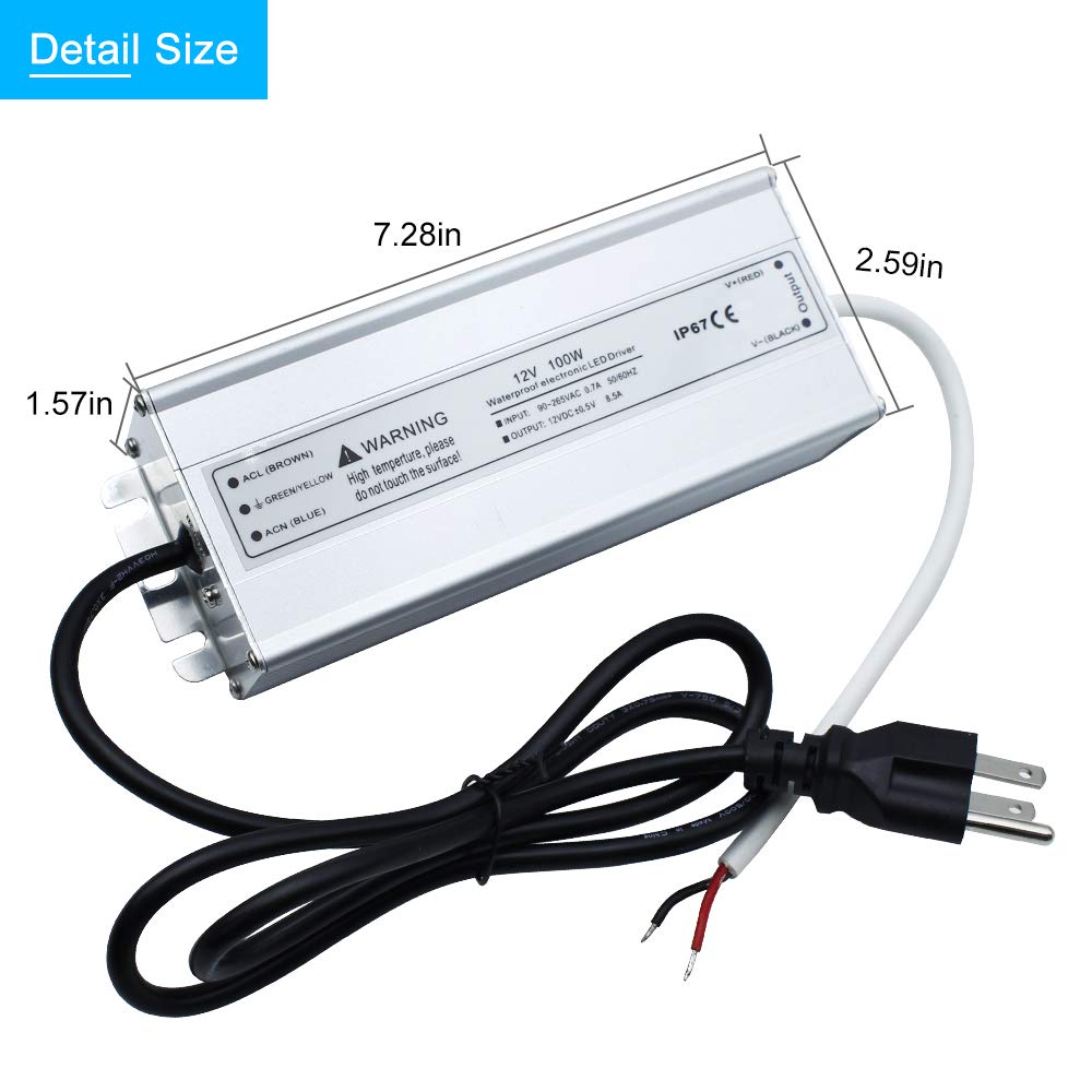 LightingWill LED Driver 100 Watts Waterproof IP67 Power Supply Transformer, 90-265V AC to 12V DC Low Voltage Output, Adapter with 3-Prong Plug 3.3 Feet Cable for Outdoor Use, Computer Project