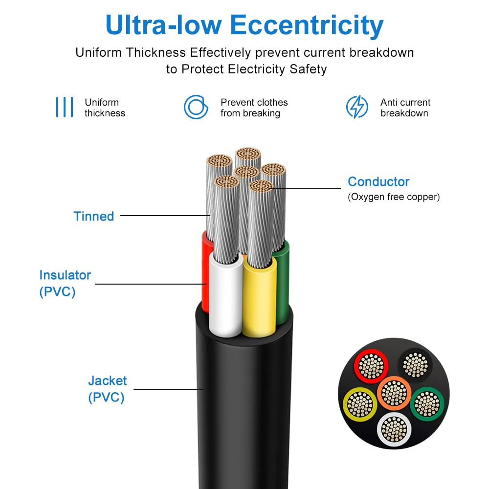 18 AWG Electrical Wire, Stranded Tinned Copper Multi-Core Cable, 6/7/8 Conductor, Black/White PVC Flexible Control Extension Cord — 3m–50m (10ft–165ft) Options