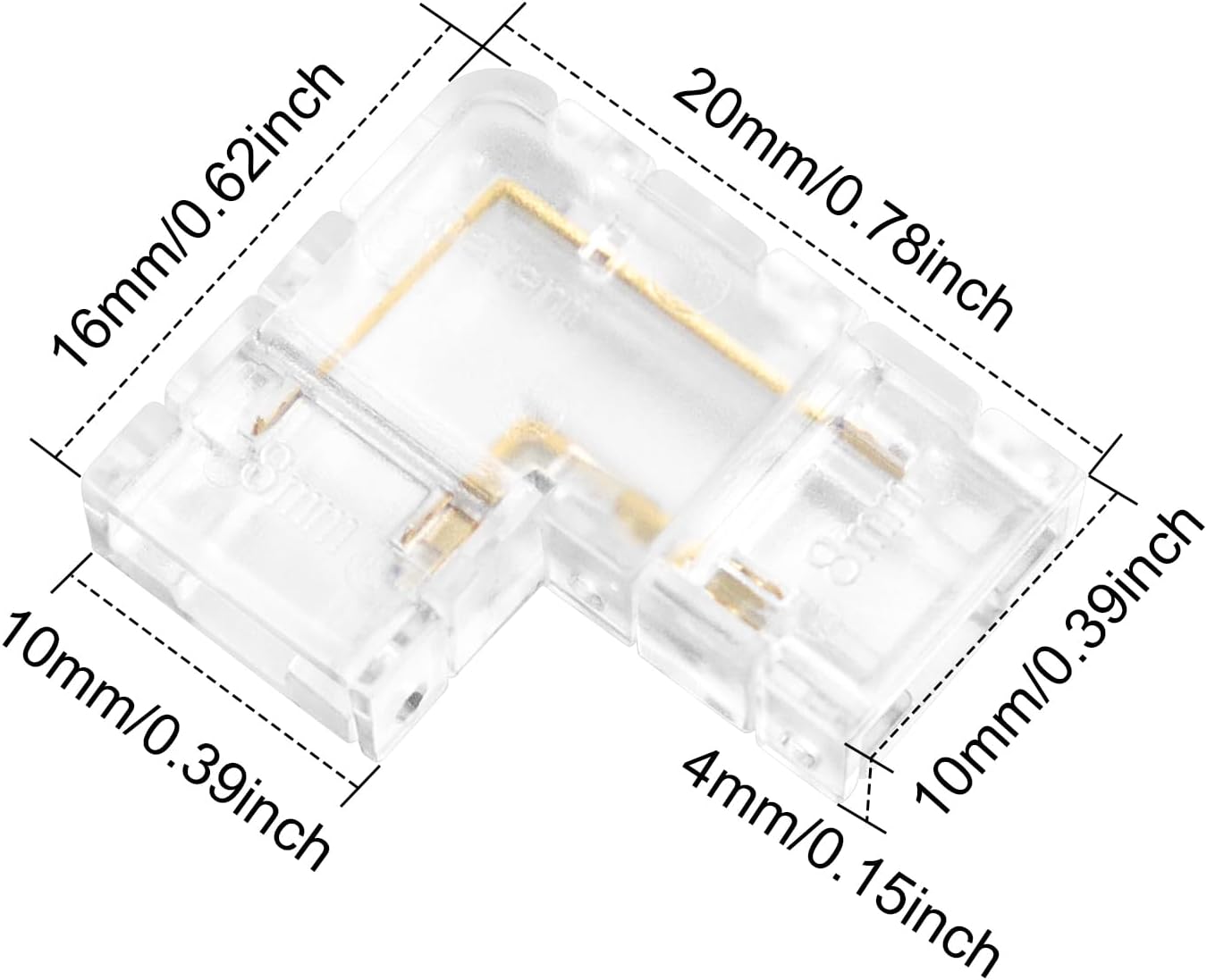 LightingWill LED Connectors 2Pin 8mm, 10 PCS L Shape Connector Transparent Solderless, Right Angle Corner Tape Light Connector, No Dark Area for COB/SMD 2835 3528 Single Color LED Strips