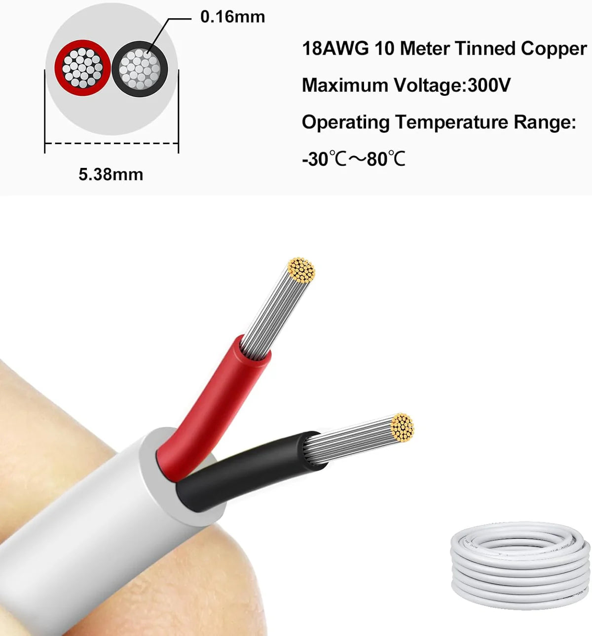 18 AWG Multi-Conductor Cable, Stranded Tinned Copper Wire, 2/3/4/5 Core, Black/White PVC Jacket Extension Cord for Electrical Installations — 3m–50m (10ft–165ft) Options