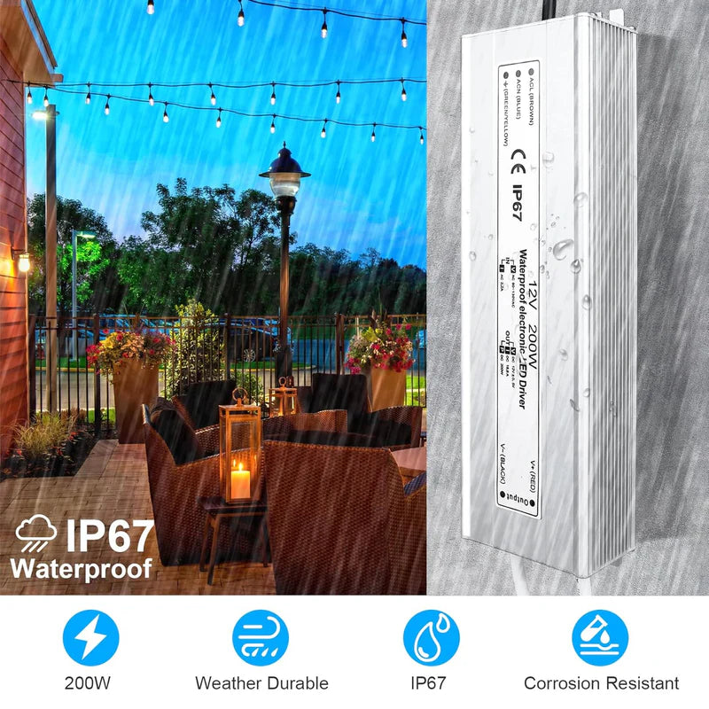 12V Waterproof LED Transformer, 200W–500W Outdoor LED Driver, 90–140V AC Input, Single or Dual Wire Output, CE/RoHS/FCC Certified, US Plug & Wire Lead Options