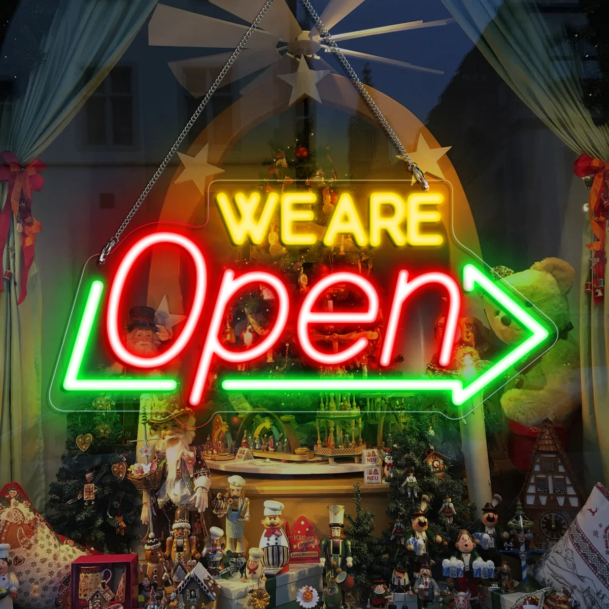 WE ARE OPEN Neon Sign – Arrow Shape LED Window Sign | USB Powered | 16×8 inch (41×20 cm) | 3 Color Combos for Storefront Display