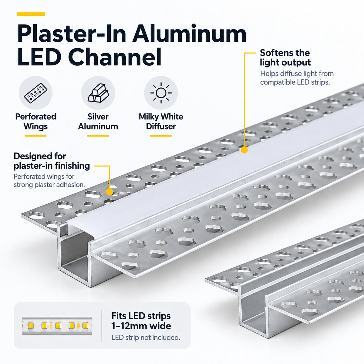 Silver 639 Double-Sided LED Aluminum Channel for Plaster-In Drywall, Fits LED Strips Up to 12mm Wide, with Milky White Diffuser