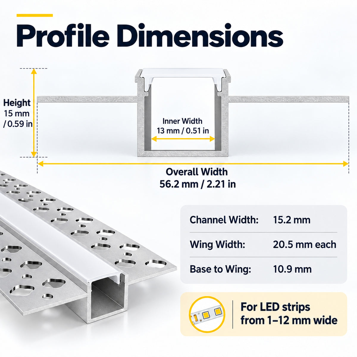 Silver 639 Double-Sided LED Aluminum Channel for Plaster-In Drywall, Fits LED Strips Up to 12mm Wide, with Milky White Diffuser
