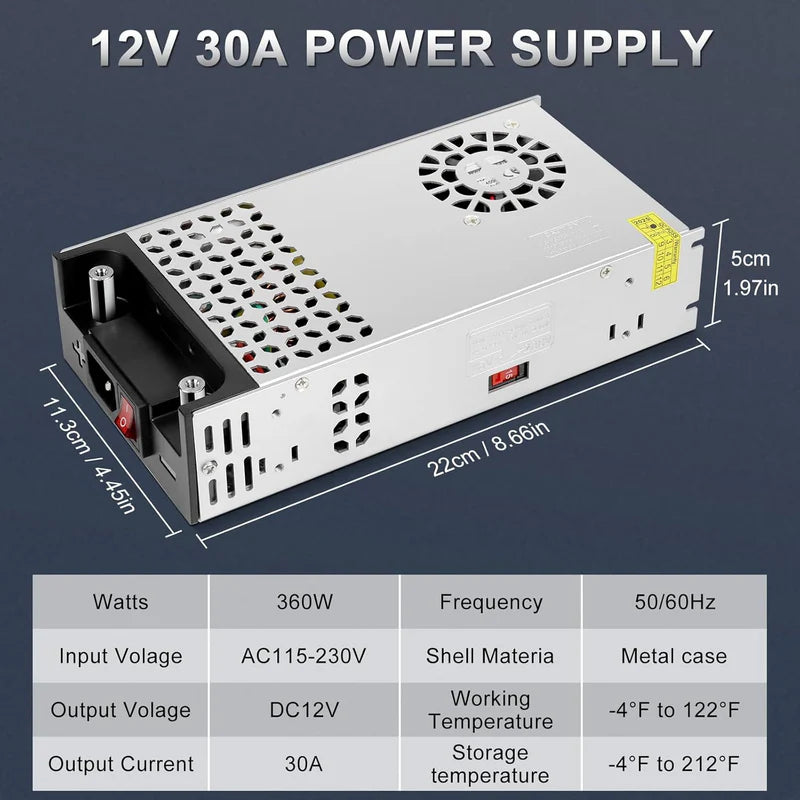 Upgrade DC 12V 360W–720W (30A–60A) Switching Power Supply, AC 110/240V Input Converter & Transformer, Cooling Fan Design, LED Driver Adapter for Strip Lights, 3D Printer, Radio — US/UK/EU Plug Options, CE/FCC/RoHS Certified