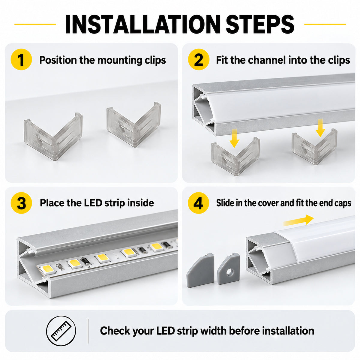 Silver V03 18x18mm V-Shape Corner-Mount LED Aluminum Channel, 12mm Inner Width, with Cover, End Caps & Mounting Clips