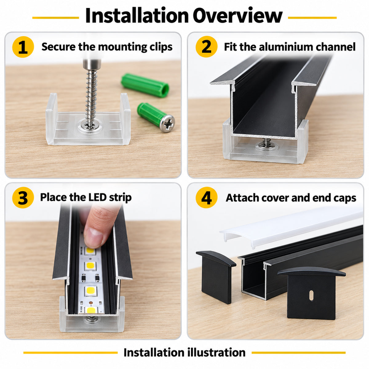 Schwarzes U05 36 x 24 mm U-förmiges Innenmaß 20 mm LED-Aluminium-Kanalsystem mit Abdeckung, Endkappen und Befestigungsklammern Aluminiumprofil für LED-Lichtstreifen ohne Fleckeninstallationen