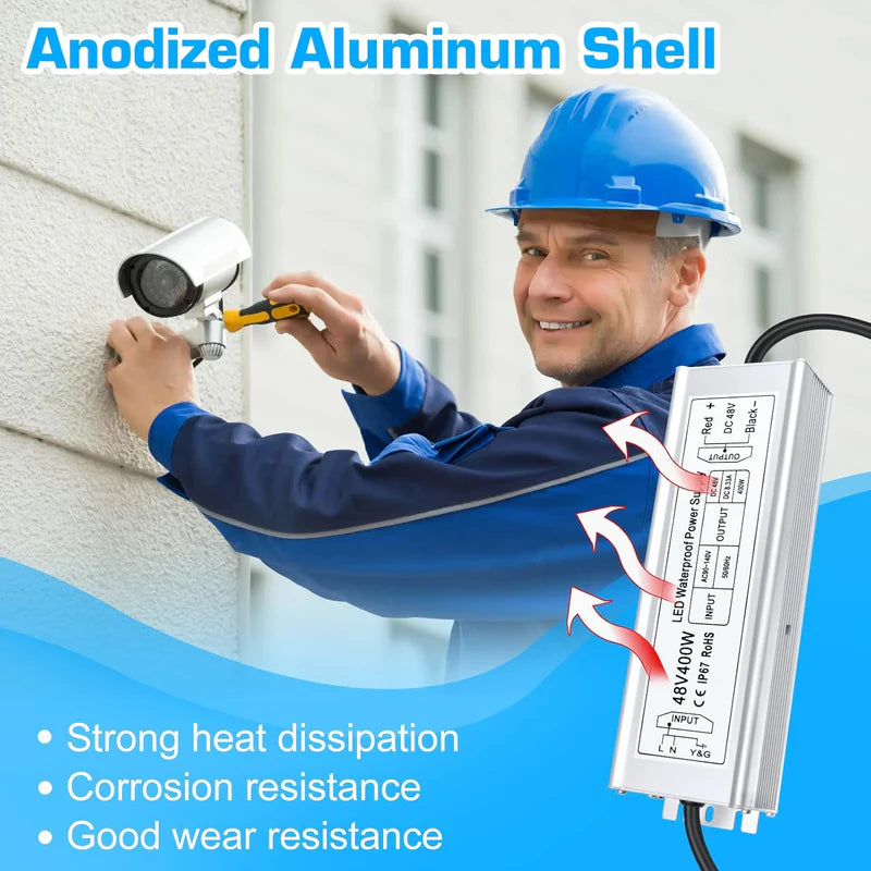 48V IP67 Waterproof LED Driver – 100W–400W Constant Voltage Power Supply, 90–140V AC Input, Single Output, CE/RoHS/FCC Certified, US Plug & Wire Lead Options