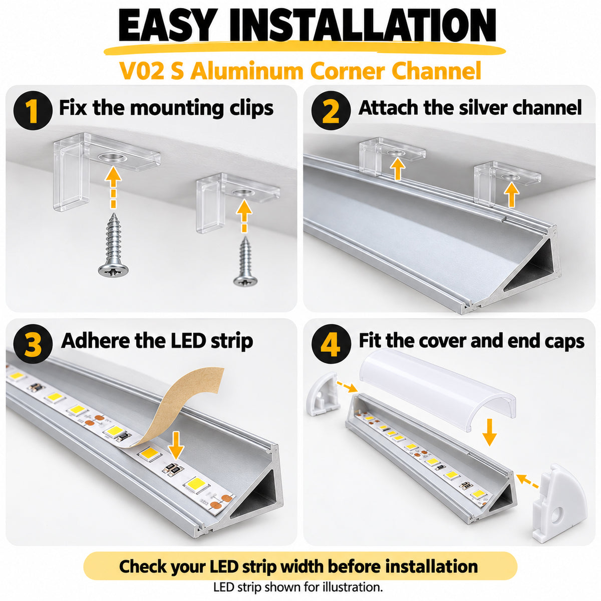 Silver V02 16x16mm V-Shape Corner-Mount LED Aluminum Channel, 12mm Inner Width, with Cover, End Caps & Mounting Clips