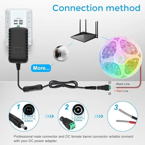 DC 12V Plug-in LED Adapter with On/Off Switch, 12W, US Plug, Black Housing, 100–240V AC Input - Power Supply for LED Strip Lights, Under Cabinet Lighting and Home Lighting