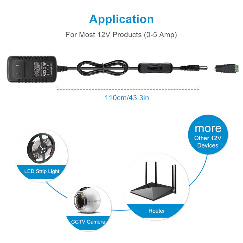 Power Supply Adapter DC 12V with On/Off Switch, 12W–36W Options, AC 100–240V Wall Plug Charger with US Plug, Black/White Housing for LED Strip Lights, Electronics