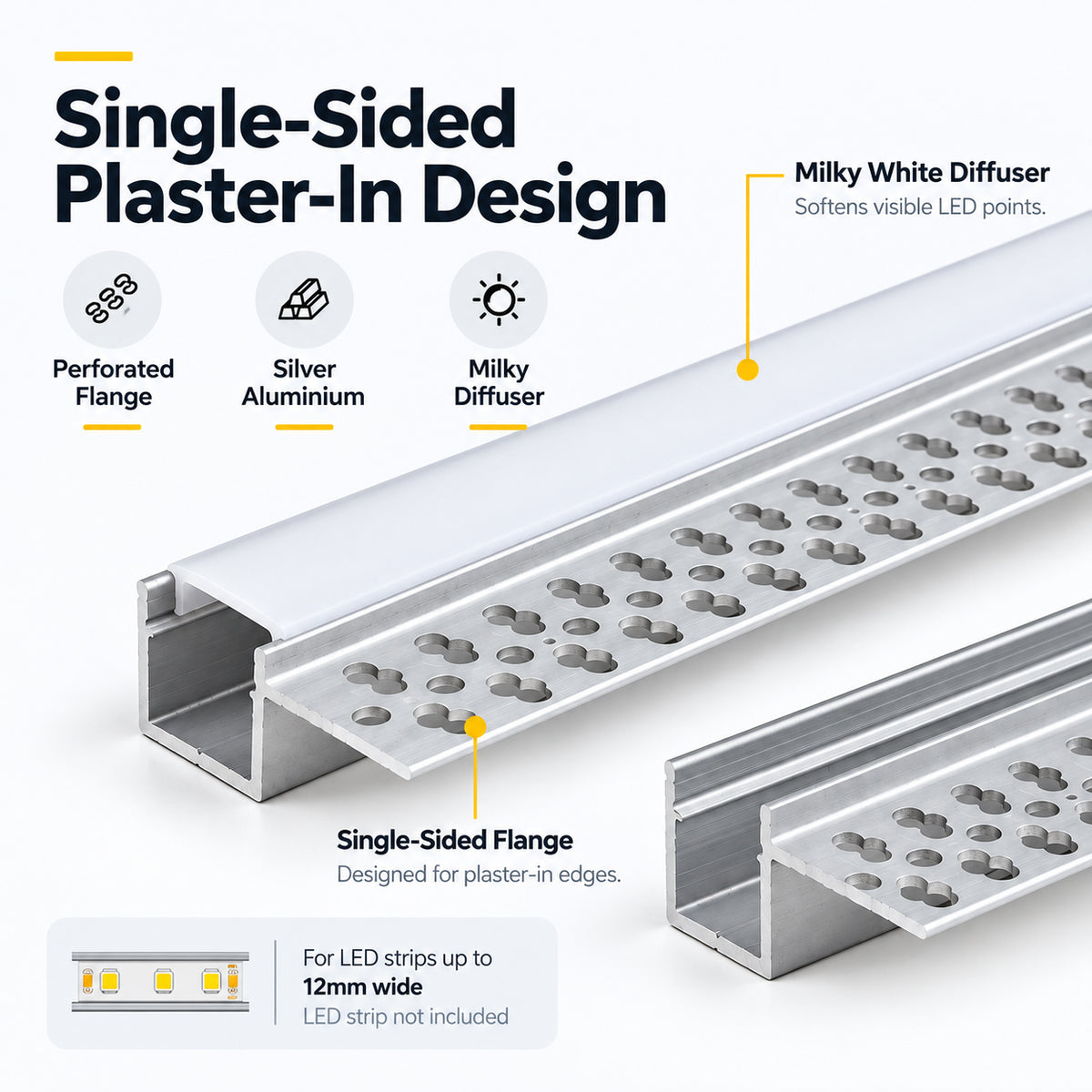 Silver 701 One-Sided LED Aluminum Channel for Plaster-In Drywall, Fits LED Strips Up to 12mm Wide, with Milky White Diffuser
