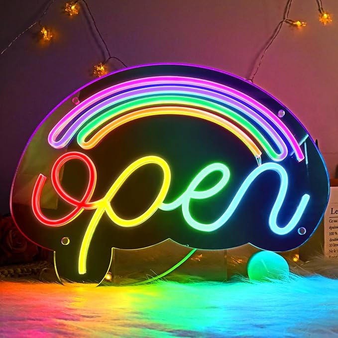 LightingWill LED Open Neon Sign, Dimmable Open Signs for Business with ON/OFF Switch, 17"x12", 5V USB Powered Rainbow LED Neon Light Sign for Wall Decor, Shop, Bar, Home