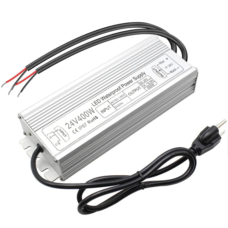24V Waterproof LED Transformer – 200W–500W Outdoor LED Driver, 90–140V AC Input, Single or Dual Wire Output, CE/RoHS/FCC Certified, US Plug & Wire Lead Options