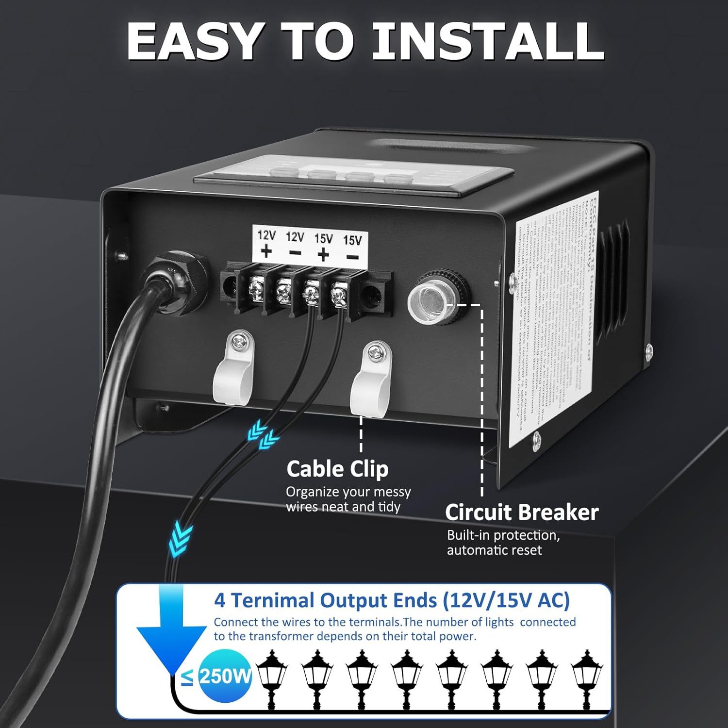 200W/250W Landscape Lighting Transformers – 120V to 12V/15V AC, Single Zone, Timer & Internal Photocell, Power Supply for Landscape Lighting Systems
