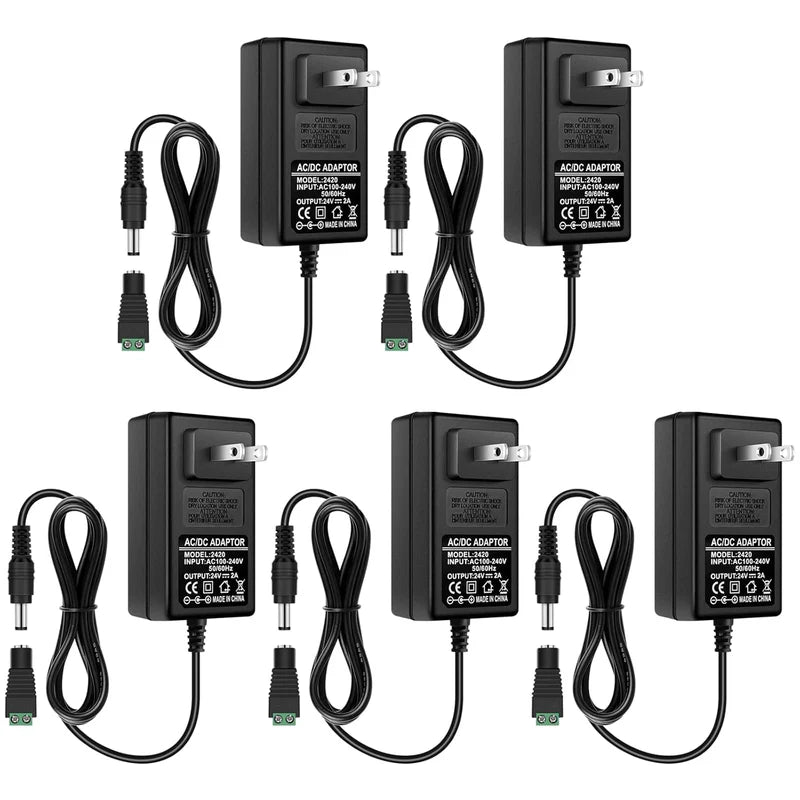 Power Supply Adapter DC 24V 48W–72W, AC 100–240V Switching Transformer LED Driver Wall Plug Charger with US Plug, Black Case for LED Strip Lights and Electronics