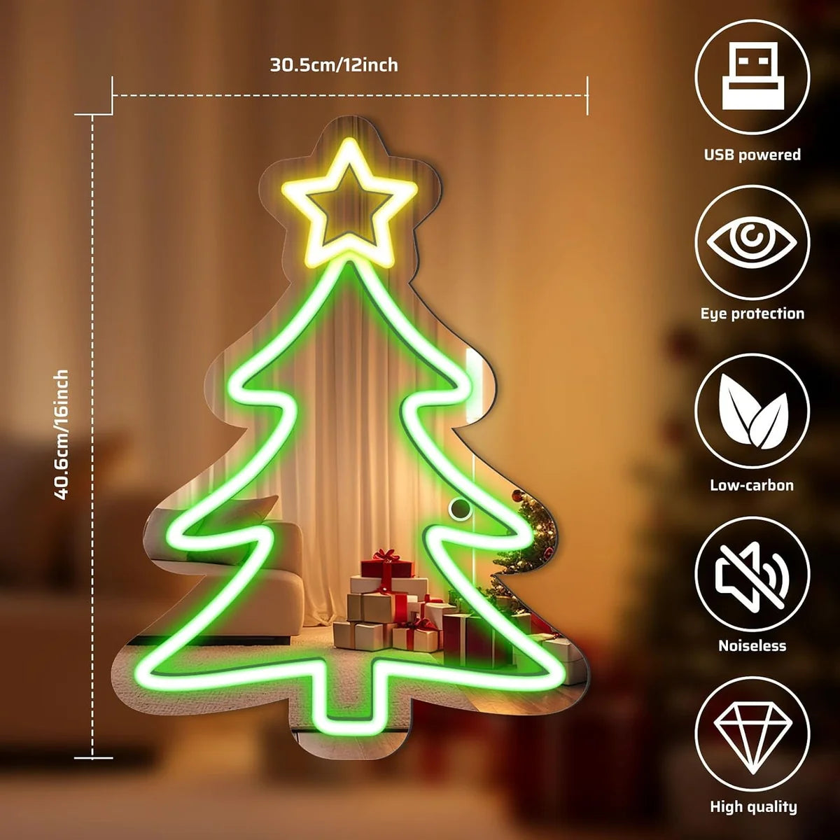 LED Neon Signs – Christmas Tree Silicone Neon Sign – 16×12 Inch | 5V USB Powered Dimmable Green & Yellow Glow LED Wall Light | Neon Lamp with Accessories Included | Hanging Holiday Decor for Christmas Party, Bedroom & Home Spaces