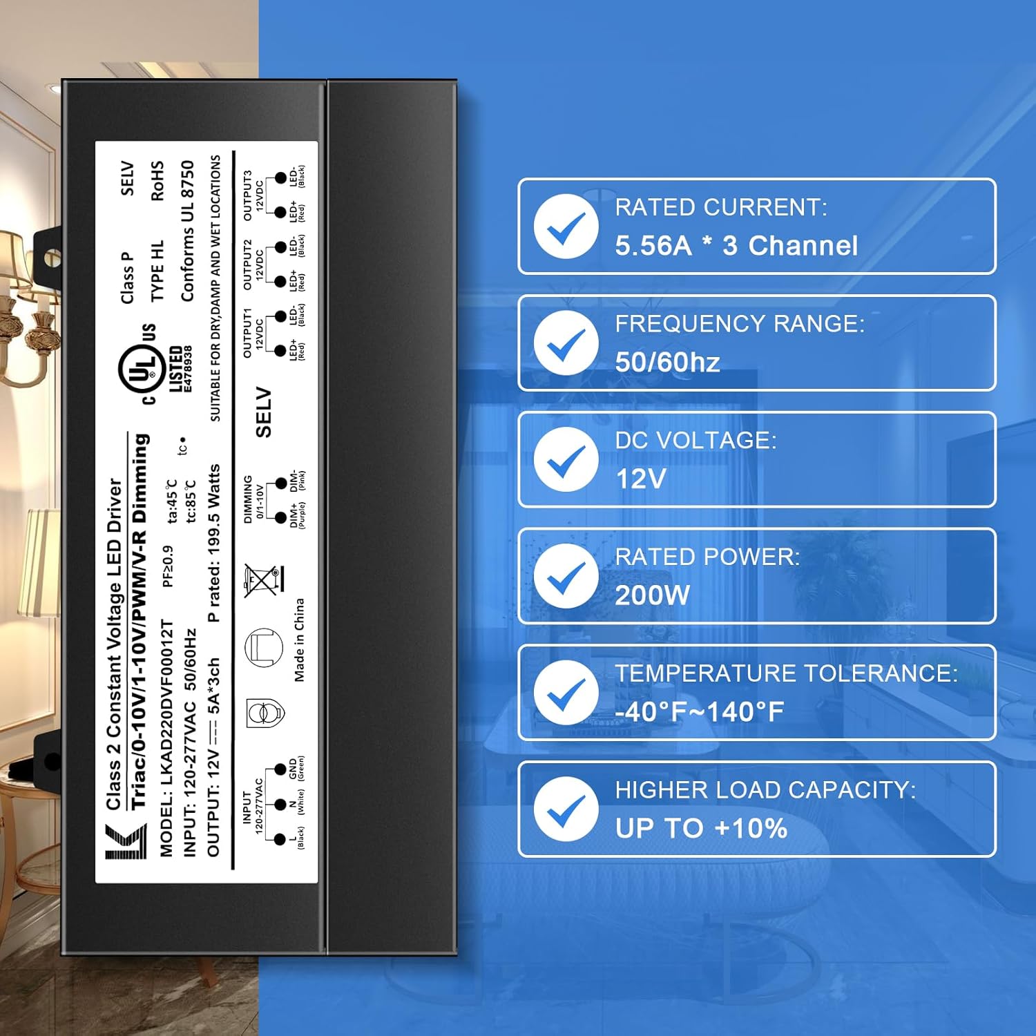 12V DC 5-in-1 Dimmable LED Power Supply – 60W / 100W / 200W UL Listed Waterproof LED Driver, AC 120–277V Input, Compatible with Triac / ELV / 0-10V / PWM / Resistive Dimming