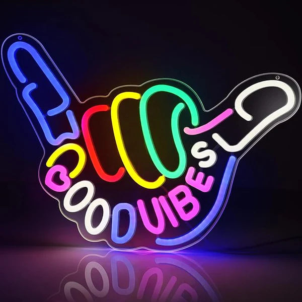 Good Vibes LED Sign – Shaka Hand Sign | USB Neon Light for Wall Decor | 17×13 inch | Hanging | Ideal for Bedroom, Dorm, Lounge, Party