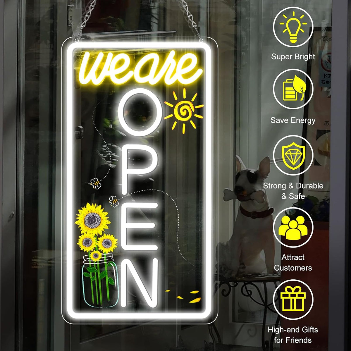 We Are Open Vertical Silicone LED shop signs – Warm White / Neutral White | 16.5 × 9 inch |Window Hanging | Plug & Play for Cafes, Restaurants & Retail Shops