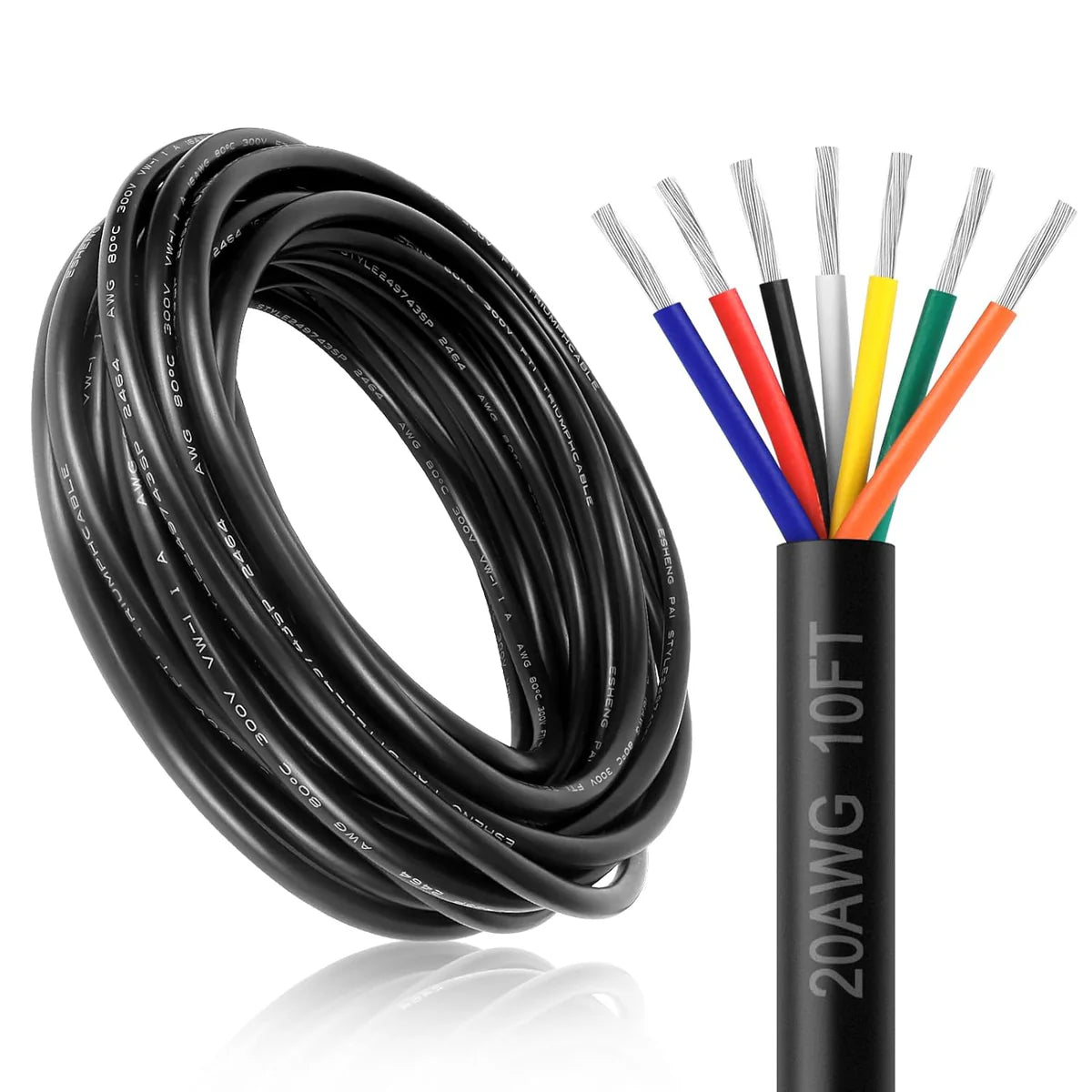 20 AWG Multi-Core Wire, Stranded Tinned Copper Electrical Cable, 6/7/8 Conductor, Black/White PVC Insulated Control Extension Cord — 3m–50m (10ft–165ft) Options