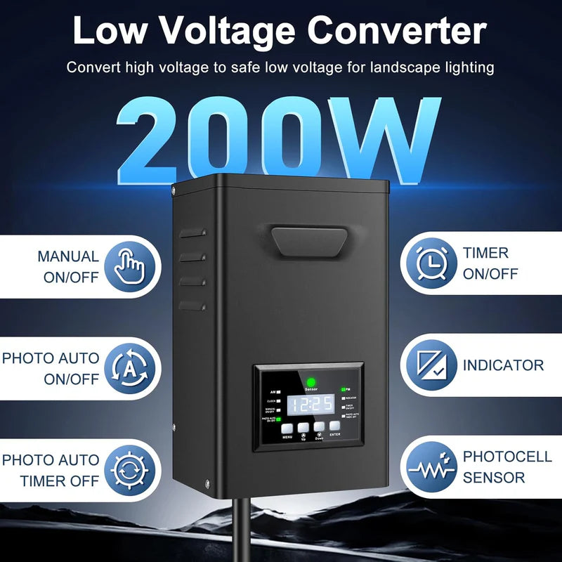 200W/250W Landscape Lighting Transformers – 120V to 12V/15V AC, Single Zone, Timer & Internal Photocell, Power Supply for Landscape Lighting Systems