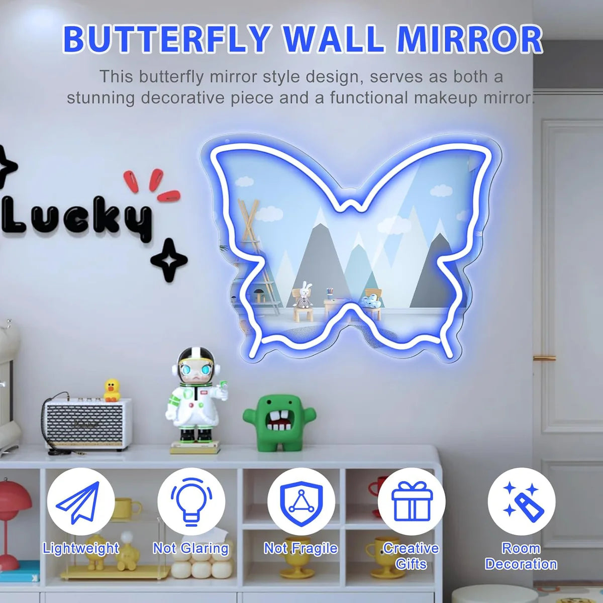 Butterfly Mirror Vanity Sign – Blue/Ice Blue/Pink/Purple/Warm White Neon Outline | 15.7×12 inch | USB Powered | Perfect for Vanity Decor