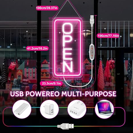 OPEN COB LED shop signs – Pink + White Glow | 22.8 × 11.8 inch (58 × 30 cm) | Horizontal / Vertical Style | 12V Powered Dimmable Window Hanging Light with US Plug for Cafes, Restaurants & Retail Shops