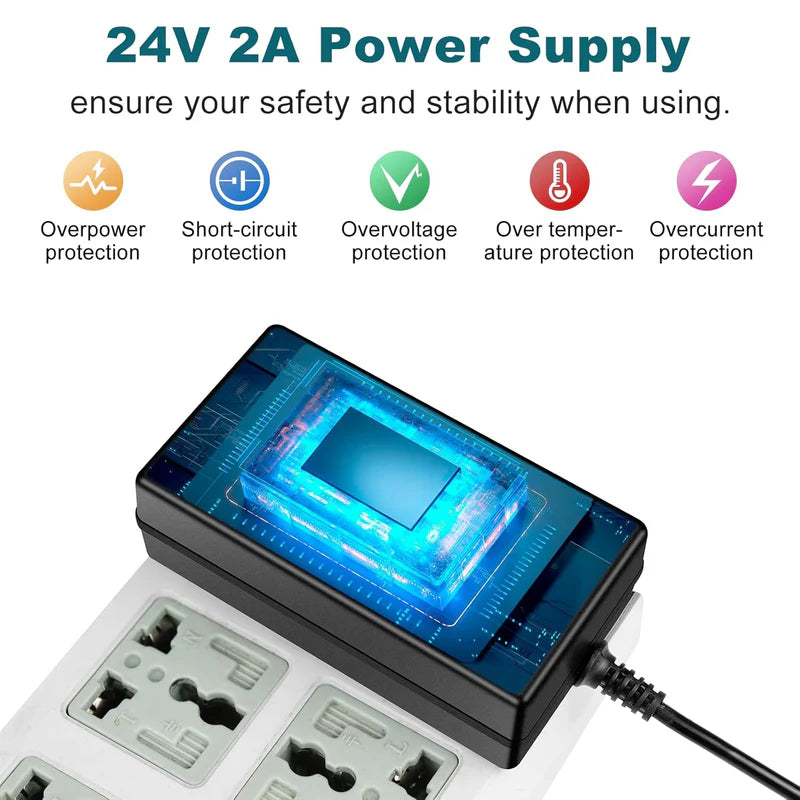 Power Supply Adapter DC 24V 48W–72W, AC 100–240V Switching Transformer LED Driver Wall Plug Charger with US Plug, Black Case for LED Strip Lights and Electronics