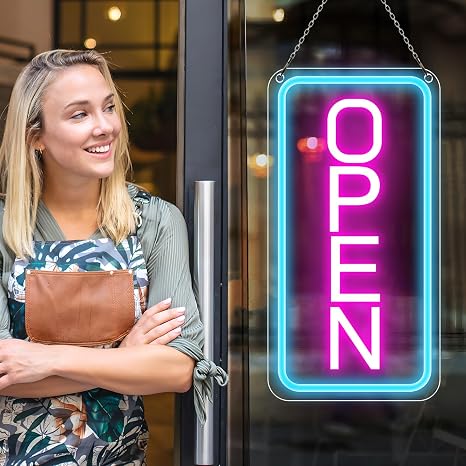 Vertical OPEN LED shop signs – USB Powered | 16×9 inch | 5 Color Options | LED Window Hanging Light for Cafes, Restaurants & Retail Shops