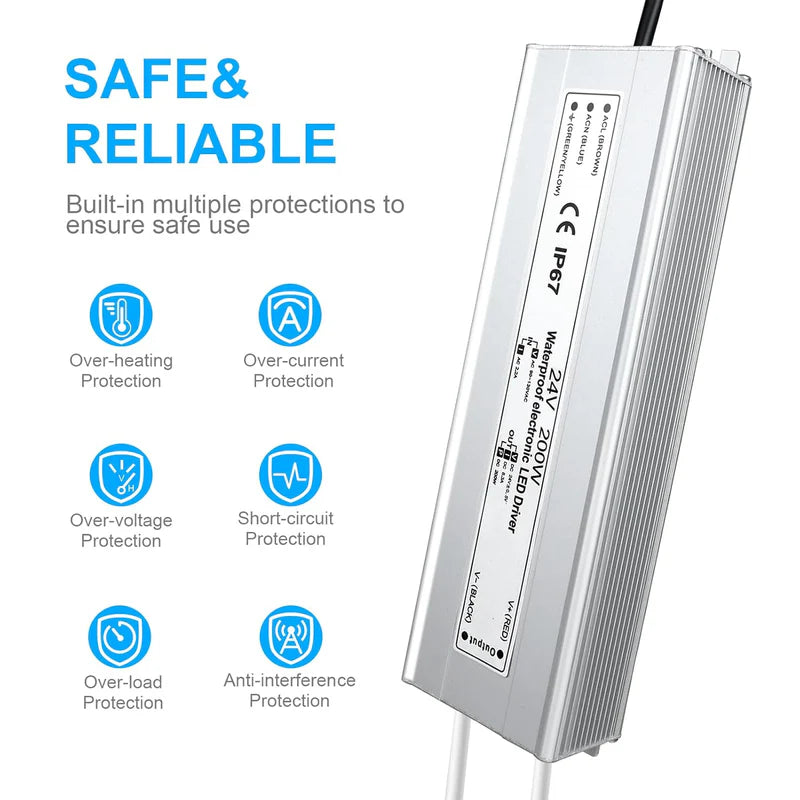 24V Waterproof LED Transformer – 200W–500W Outdoor LED Driver, 90–140V AC Input, Single or Dual Wire Output, CE/RoHS/FCC Certified, US Plug & Wire Lead Options