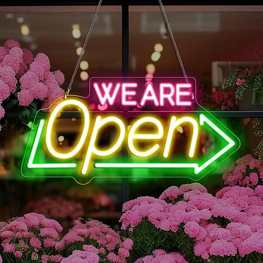 WE ARE OPEN Silicone LED shop signs – USB Powered | 16.1×7.8 inch | Arrow Shape LED Window Sign | Yellow + Red + Green Glow for Cafes, Restaurants & Retail Shops