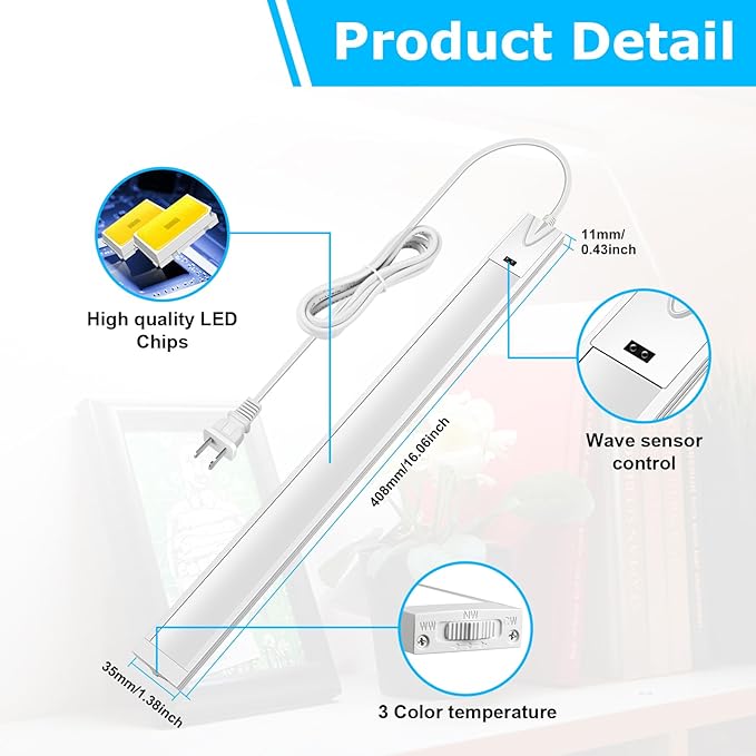 16 Inch Hand Wave Under Cabinet Lights, Ultra Bright 3000K/4000K/6000K Under Counter Lighting, Plug and Play, Dimmable LED Under Cabinet Lighting for Kitchen Cabinet, Cupboard, Closet, Desk (2 Pack)