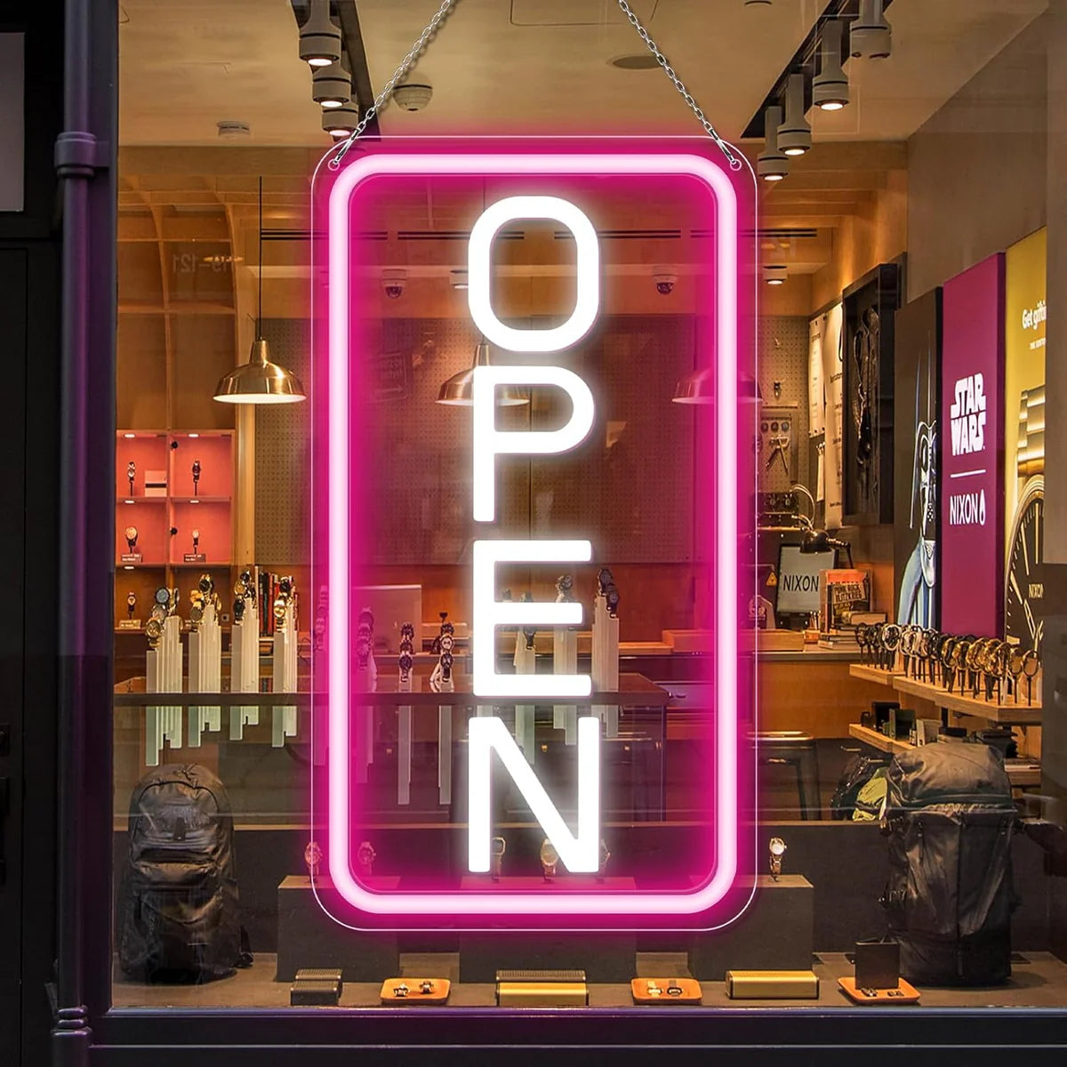 Vertical OPEN Neon Sign – 6 Color Options | USB Powered | 17×9 inch (44×24 cm) | LED Window Hanging Light for Storefronts