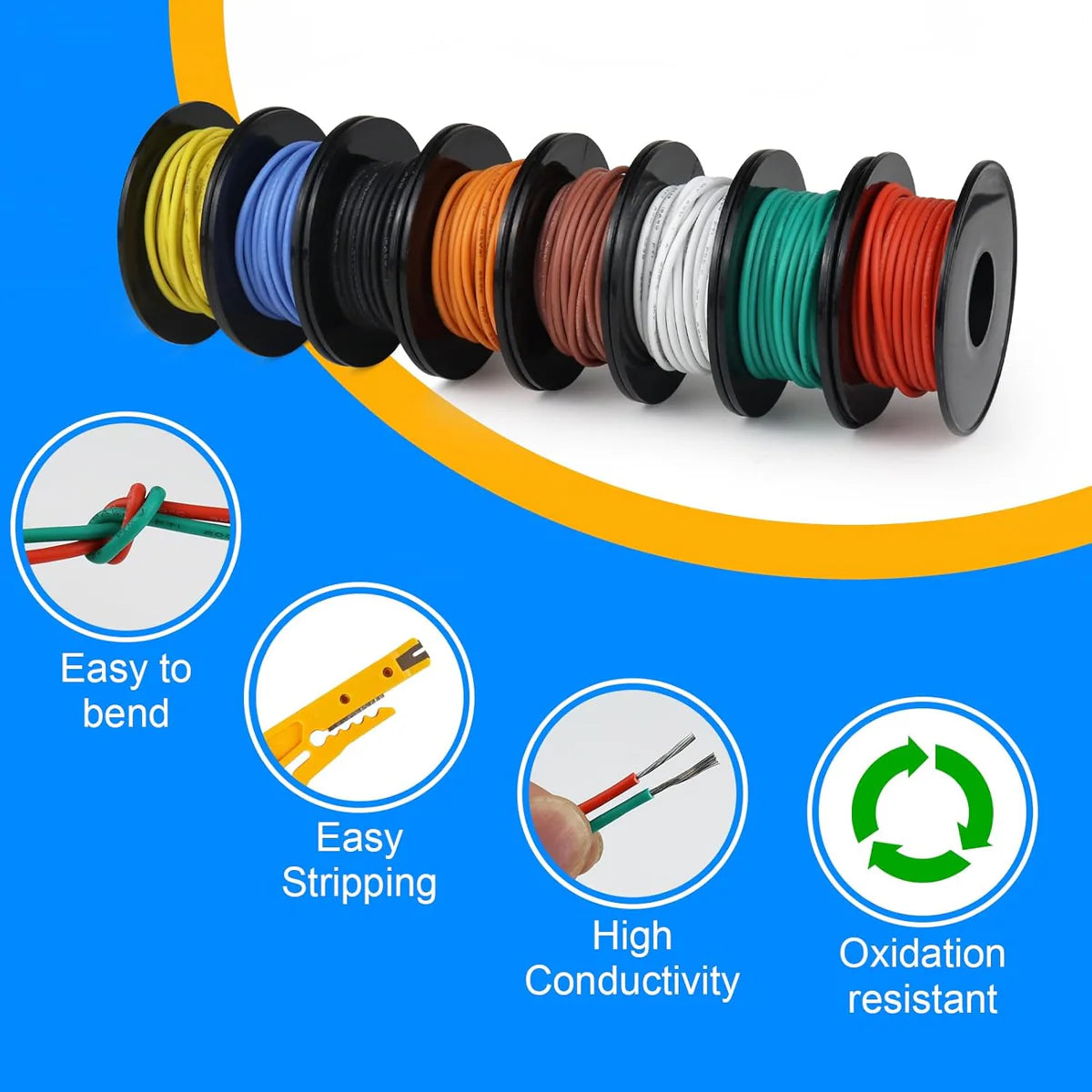 26 AWG Silicone Wire Spool Set, Stranded Tinned Copper Electrical Cable, Flexible Hook Up Wire for LED Strip Lights, RC Models, DIY Electronics, 3m–15m Each Roll × 8 Colors
